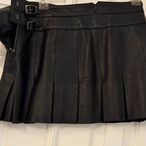 Joie Black Pleated Faux Leather Mini Skirt with Dual Buckles